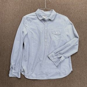 j crew 3/4 button down striped gray white collared long sleeve med